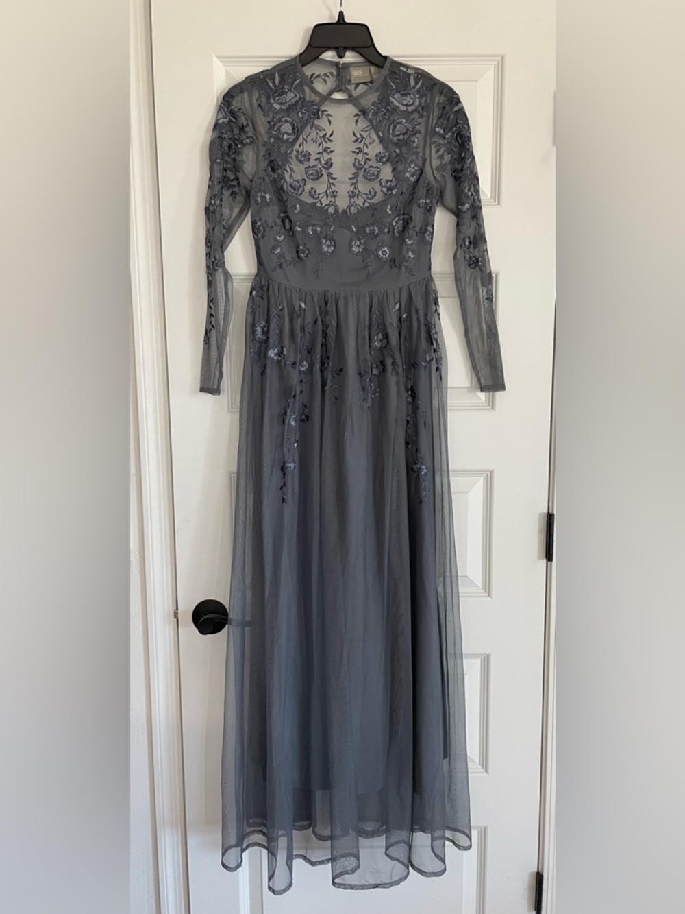 ASOS Gunmetal Gray Floral Embroidered Sheer Floral Sheer Mesh Maxi Dress